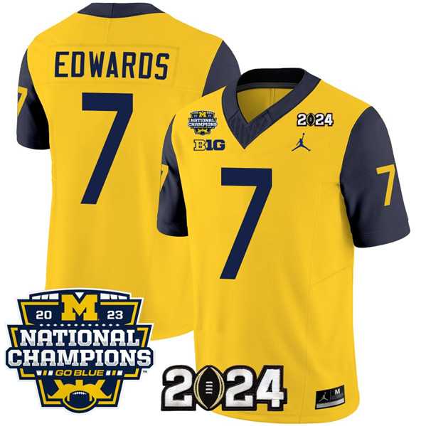 Men%27s Michigan Wolverines #7 Donovan Edwards Yellow Navy 2024 F.U.S.E. With 2023 National Champions Patch Stitched Jersey->michigan wolverines->NCAA Jersey